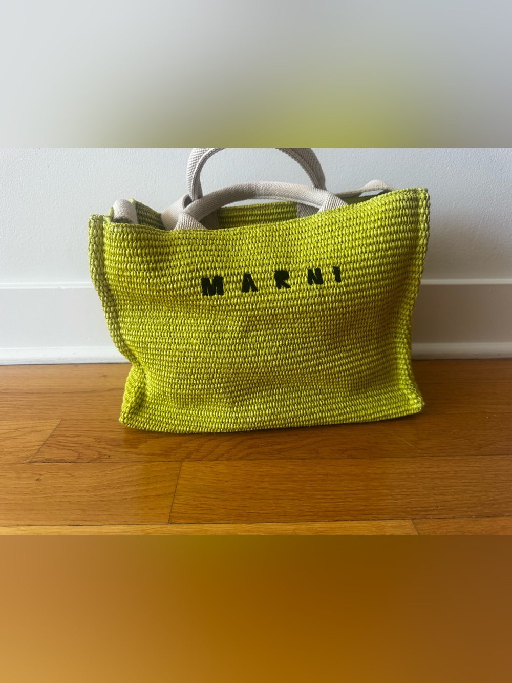 Marni Neon Lime Woven Tote with Cream Canvas Handles
